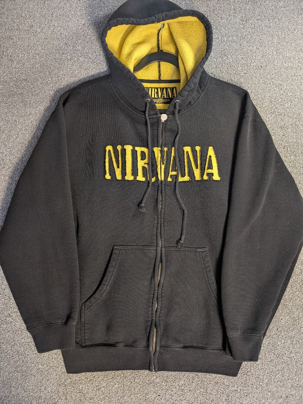Rare Nirvana Spell Out Cut Out Hoodie Size Large Black/Yellow